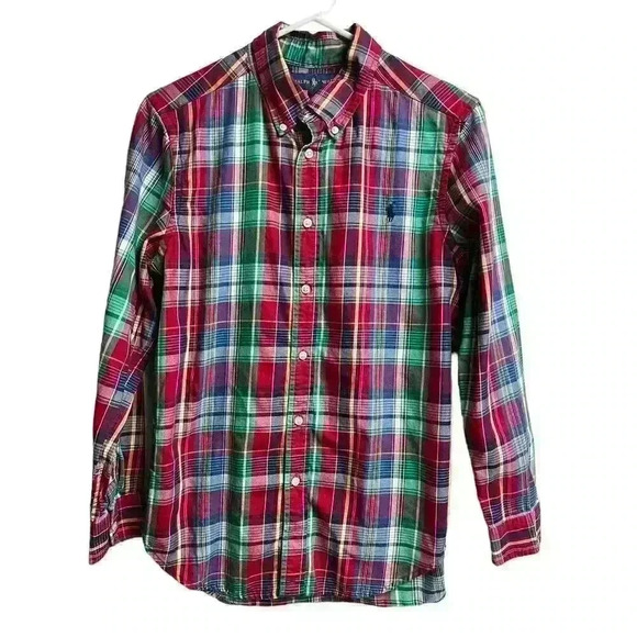 Ralph Lauren Red Green Purple Long Sleeve Boys Large 14/16 Long Sleeve Button Up - Picture 1 of 7